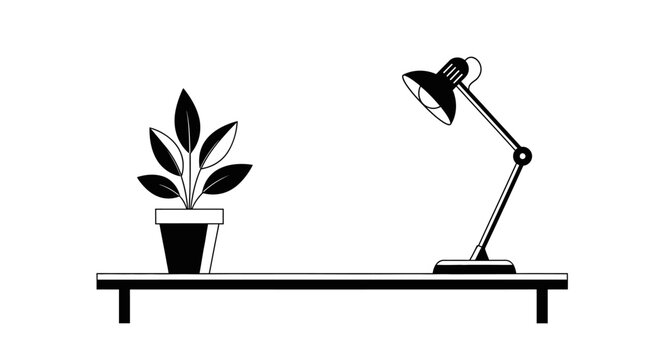 Desk lamp and potted plant on shelf simple line art illustration