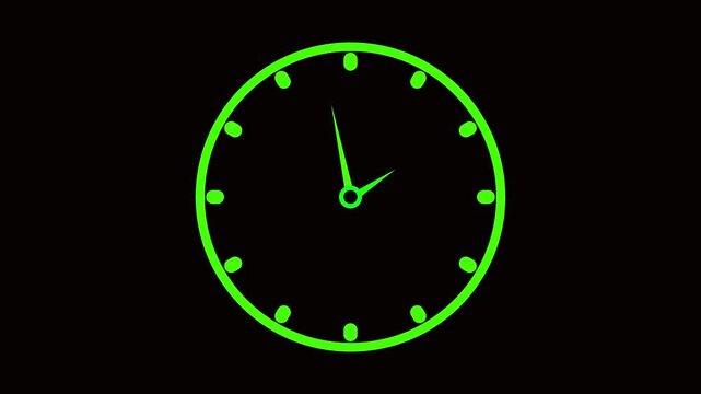 Glowing green clock face with hour and minute hands on transparent background  modern neon lit analog clock design element