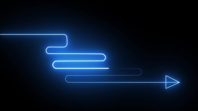Glowing blue neon arrow moving in a zigzag path on a dark black background