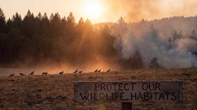 Animals fleeing a forest fire past a 'Protect Our Wildlife Habitats' sign