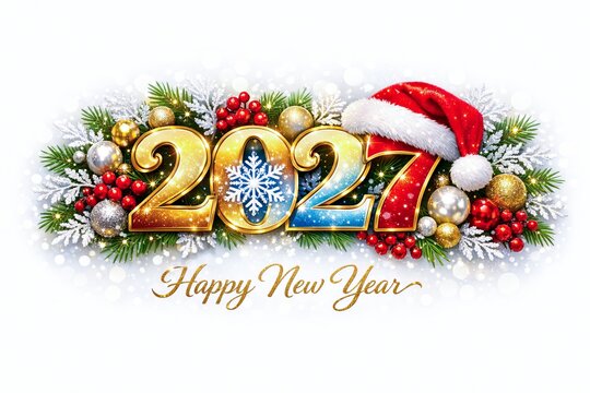 2027 happy new year gold decorative numbers with santa hat and holiday ornaments