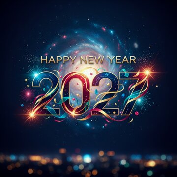 2027 happy new year typographic concept with cosmic galaxy light and firework