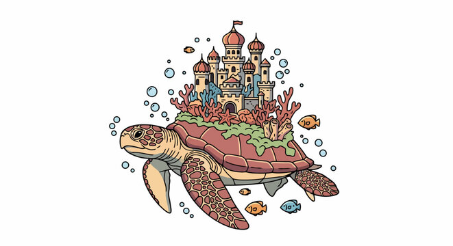 Fantasy turtle carrying an underwater castle on its shell.