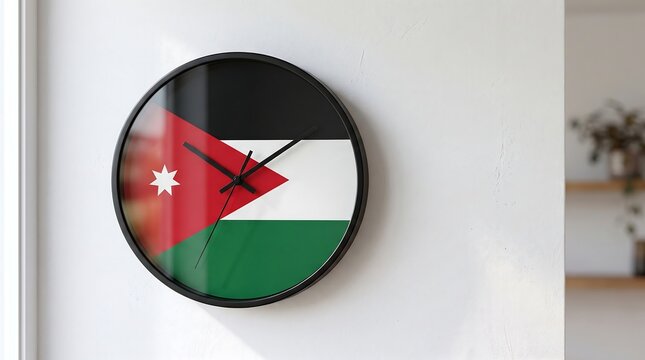 Sleek wall clock featuring Jordan national flag design on light interior wall