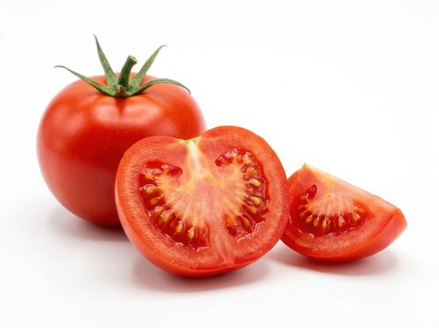 Fresh red tomato with a cut half and a slice piece for cooking healthy food and vegetable salad ingredients isolated on white background