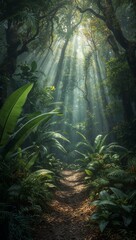 Naklejka premium Lush tropical rainforest pathway illuminated by dramatic sun rays filtering through dense jungle foliage, creating a serene and mysterious nature scene.