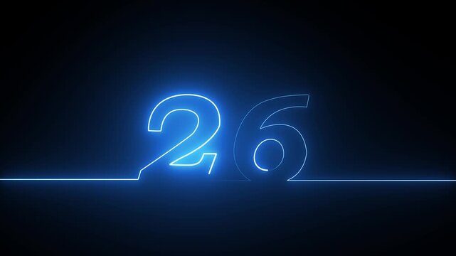 Neon blue number twenty six glowing with a continuous line light effect on a dark background