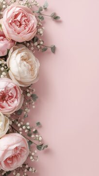 Elegant pink peony floral border with delicate blossoms and soft pastel background, creating a romantic spring design with copy space.