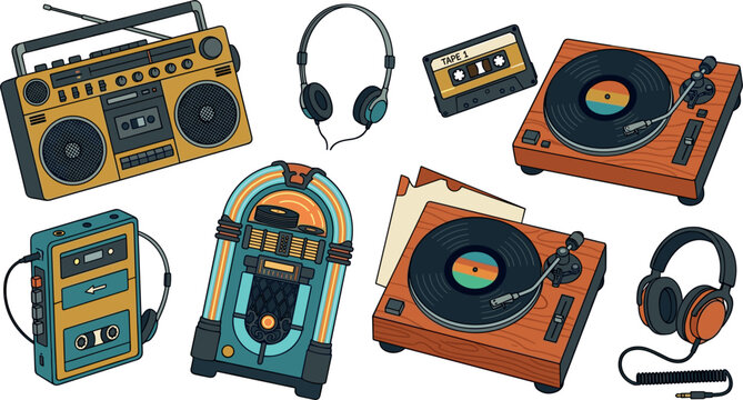 Vintage Retro Audio Equipment Icon Set Featuring Boombox Turntable Vinyl Record Jukebox Walkman Cassette and Headphones for Nostalgic Music Graphic Designs