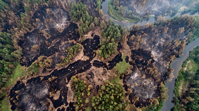 Aerial view of forest fire aftermath with burnt trees and a river