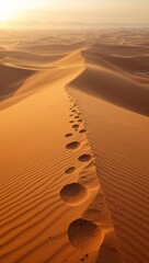 Naklejka premium Footprints leading across golden sand dunes in a vast desert at sunrise, creating a dramatic landscape that symbolizes adventure, solitude and exploration.