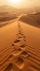 Naklejka premium Footprints leading across golden sand dunes in a vast desert at sunrise, creating a dramatic landscape that symbolizes adventure, solitude and exploration.