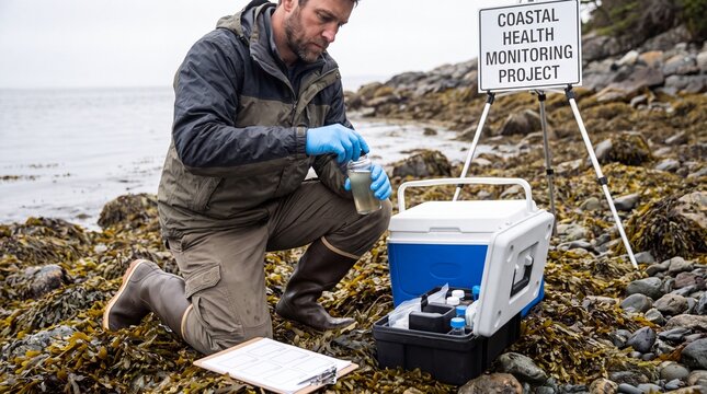 Male marine biologist collecting water samples on a rocky beach