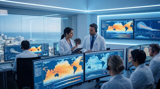 Scientists in white coats work in a high-tech control room with global maps displayed on large monitors.