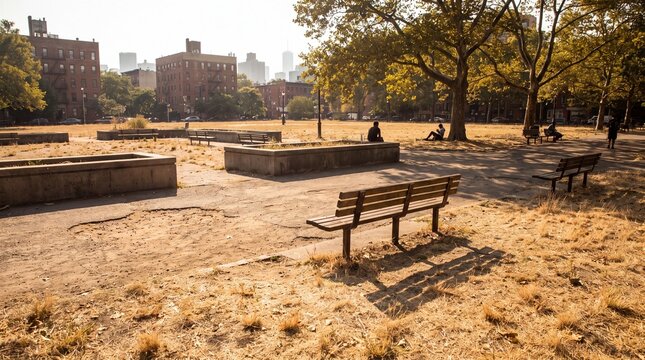 Urban park with dry grass and cracked pavement illustrating global warming and extreme heatwave in the city