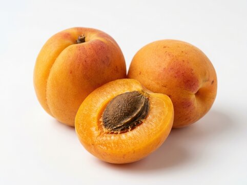 Fresh ripe apricots with one cut in half showing the pit isolated on white background