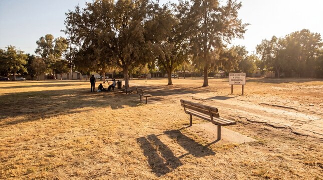 Urban park landscape with dry grass and water restriction sign during extreme heat wave and global warming