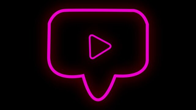Neon pink speech bubble with play button icon on transparent background  symbol for video chat or video message