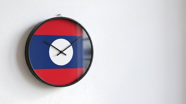 Round wall clock with flag of Laos face hanging on white office wall with copy space
