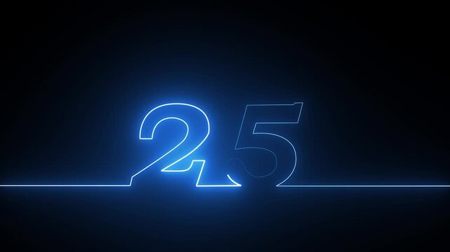 Glowing blue neon number twenty five on a dark background
