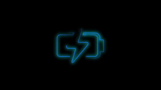 Neonblue battery charging icon with lightning bolt on transparent background