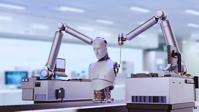 Futuristic Robot Assembly Line Producing Cyborgs in Advanced Automated Factory