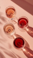 Obraz premium Four glasses of red, white, and rosé wine arranged on a pastel pink background with elegant sunlight shadows, creating a sophisticated tasting and celebration concept.
