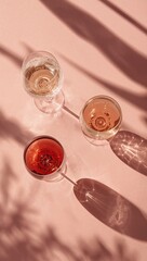 Obraz premium Elegant assortment of red, white, and rosé wine glasses with artistic sunlight shadows on a pastel background, creating a refined tasting and celebration concept.