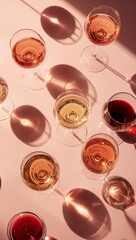 Obraz premium Elegant assortment of red, white, and rosé wine glasses with artistic sunlight shadows on a pastel background, creating a refined tasting and celebration concept.