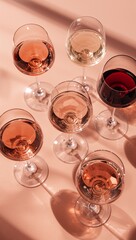 Obraz premium Elegant assortment of red, white, and rosé wine glasses with artistic sunlight shadows on a pastel background, creating a refined tasting and celebration concept.