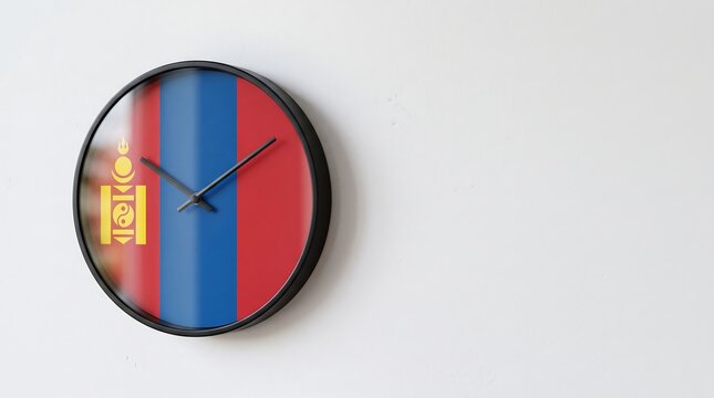 Round wall clock with flag of Mongolia face hanging on white office wall with copy space