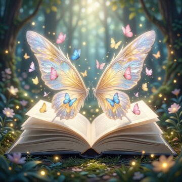 Open book with glowing butterfly wings in enchanted forest fantasy magical light