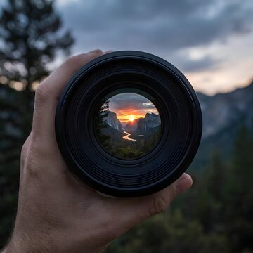 A hand holding a camera lens with a reflected mountain landscape and orange sunset sky showcasing natural beauty and outdoor photography composition