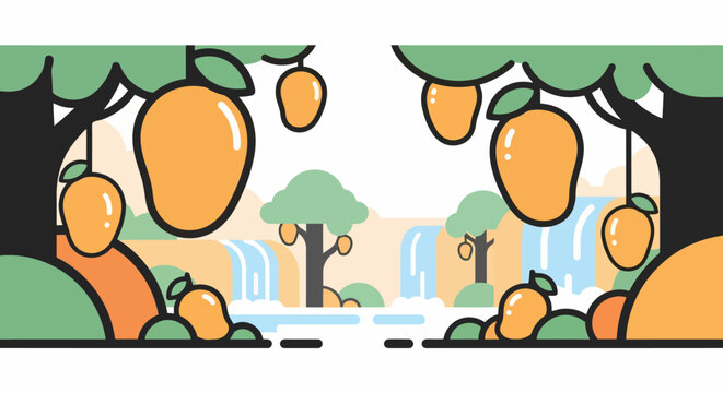 Lush mango trees laden with ripe, golden fruit in a vibrant orchard.