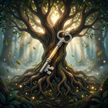 Mystical Key in Ancient Tree Roots with Glowing Forest Light and Fireflies