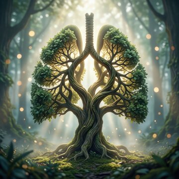 Illuminated Tree Roots Forming Human Lungs in Mystical Forest with Golden Light and Fog