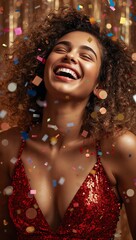 Fototapeta premium Joyful woman celebrating with colorful confetti while wearing a sparkling red sequin dress against a festive party background.