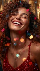 Fototapeta premium Joyful woman celebrating with colorful confetti while wearing a sparkling red sequin dress against a festive party background.