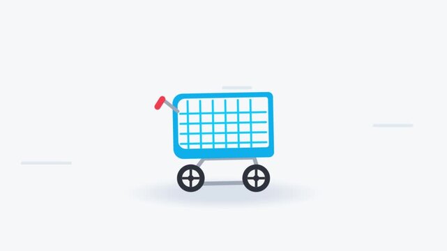 Flat design animation of a blue shopping cart moving forward concept for online retail and ecommerce