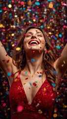 Fototapeta premium Joyful woman celebrating with colorful confetti while wearing a sparkling red sequin dress against a festive party background.