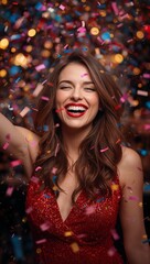 Fototapeta premium Joyful woman celebrating with colorful confetti while wearing a sparkling red sequin dress against a festive party background.