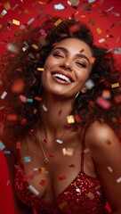 Fototapeta premium Smiling glamorous woman celebrating with colorful confetti in a sparkling red sequin dress against a vibrant red festive background.