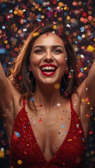 Fototapeta premium Smiling glamorous woman celebrating with colorful confetti in a sparkling red sequin dress against a vibrant red festive background.