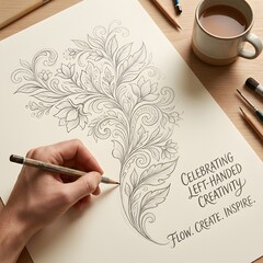 Person's left hand holding a pencil drawing intricate floral patterns with leaves and swirls on cream paper celebrating left handed creativity flow create inspire