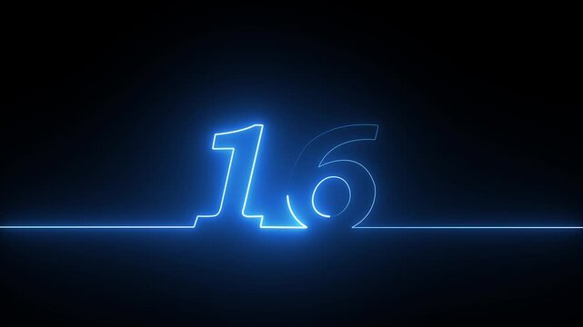 Number 16 glowing blue neon light sign on a dark background