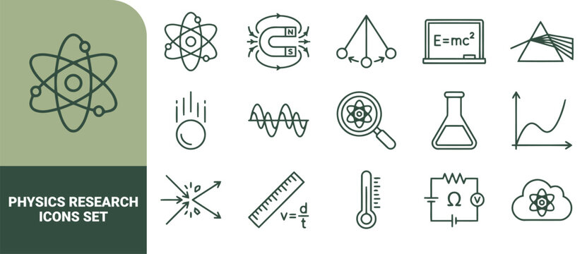 Physics research icon set, including atom, magnet, pendulum, e=mc2 equation, prism, wave, magnifying glass, flask, graph, collision, ruler, thermometer, electrical circuit, and cloud computing