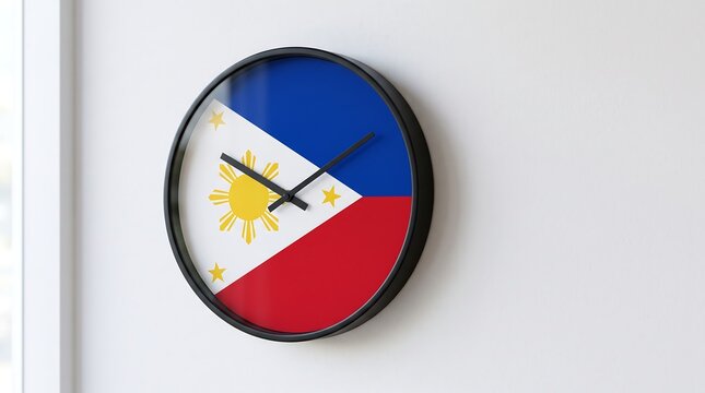 Stylish round wall clock with Philippines national flag design mounted on bright white wall for professional and modern residential interiors