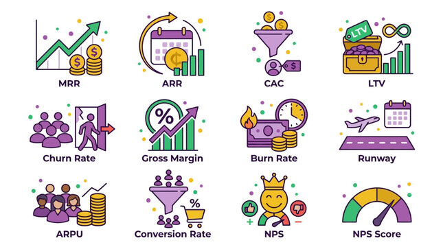 Business Metrics and KPIs Flat Icons: MRR, ARR, CAC, LTV, Churn, NPS
