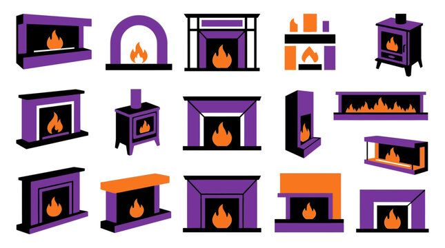 Set of modern and rustic fireplace designs with burning flames fireplace collection illustration interior equipment