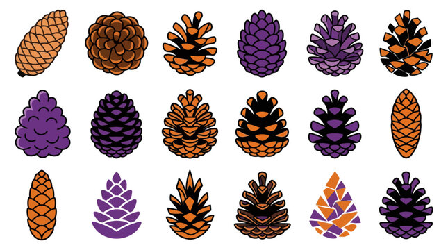 Collection of various stylized pine cone icons in orange purple and black for forest and autumn graphic projects